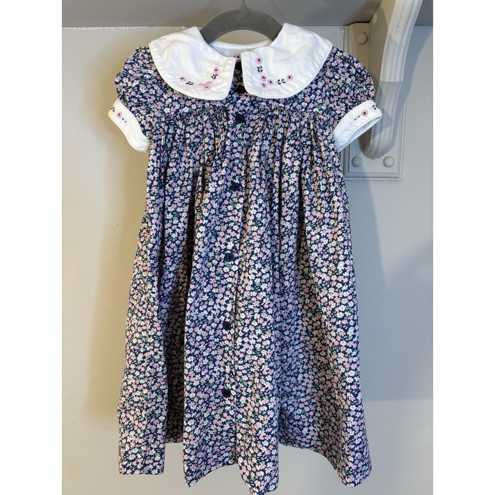 STRASBURG Blue Pink Floral Dress 6 Mo Peter Pan Collar Embroidery
